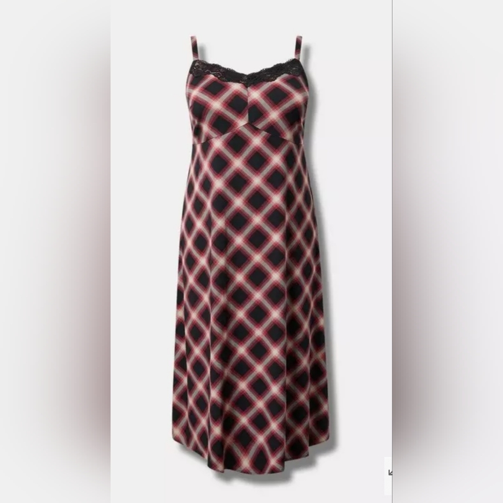 New Torrid Size 1X(14/16) Tea Length Stretch Challis Cami Dress-Blk/Red Plaid